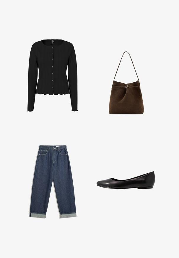 Sort langærmet cardigan med ribbet tekstur, rund halsudskæring og bølget kant. Har knaplukning foran og diskret detaljering.; Mørkeblå, vide denimbukser med foldede manchetter, frontknap og lynlås, bæltestropper og fem lommer.; Sort ballette sko lavet af glat læder med rund tå og lav, flad sål. Har en glat overflade med et enkelt og strømlinet design.; Brun nappa håndtaske med en buet design, en enkelt skulderrem og en dekorativ spændeakcent. Glat tekstur med en minimalistisk stil.