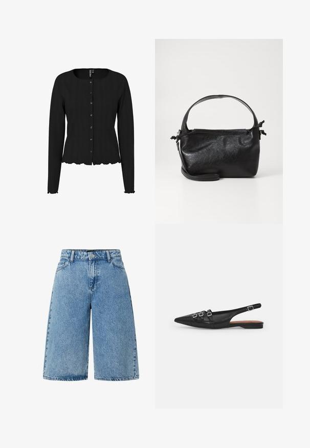 Sort langærmet cardigan med ribbet tekstur, rund halsudskæring og bølget kant. Har knaplukning foran og diskret detaljering.; Lysblå denimshorts med en bred skæring, standard fem-lomme design og et struktureret stof med en falmet finish.; Sort læderslyngeflad sko med spids tå, der har to vandrette stropper og firkantede sølvspænder, lav hæl og glat tekstur.; Sort læderhåndtaske med et struktureret design, rund tophåndtag og aftagelig skulderrem. Den har en glat tekstur og en subtil glans.