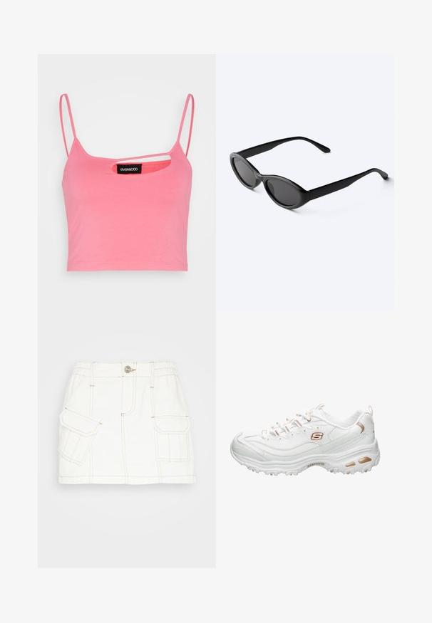 Even&Odd Top - pink; BDG Urban Outfitters SKIRT - Denimnederdele - white; Hvide sportsko lavet af glat syntetisk materiale. Har teksturerede detaljer, metallic guld pynt, snørelukning og en polstret sål.; Slanke sorte ovale solbriller med mørke linser og lige arme, hvilende på en hvid overflade.