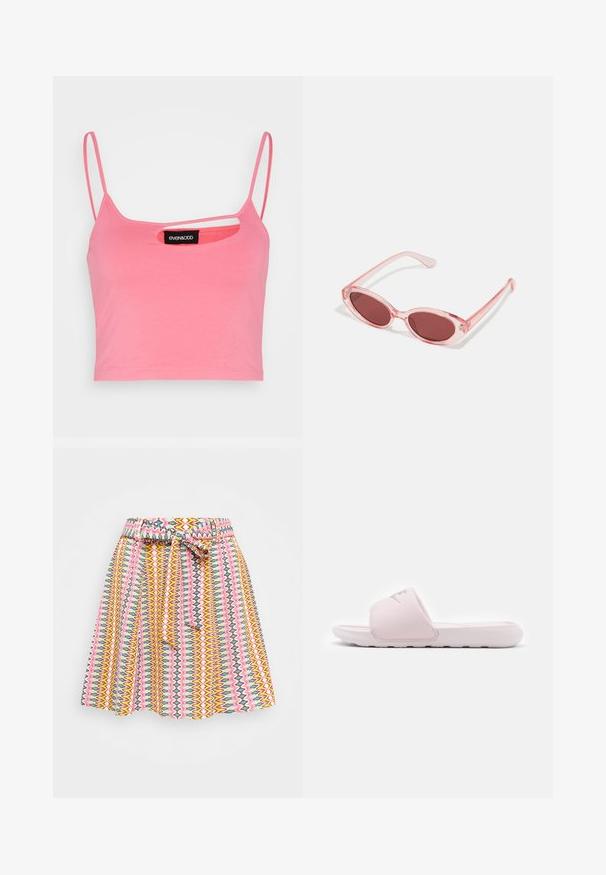 Even&Odd by Zalando Top - pink; ONLY ONLNOVA LUX JASMIN SKIRT - A-snit nederdel - solar power vibrant; Rosa slidessandal med fleksibel gummisål, polstret rem og minimalistisk design. Har et logo på remmen og en glat overflade.; Lyserøde transparente solbriller med ovale linser, mørkerød toning og slanke stænger, der har en glat overflade og diskret detaljering på rammen.