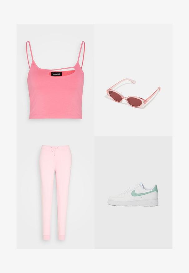 Even&Odd Top - pink; Helle rosa Sweatpants mit einem Kordelzugbund, schmal zulaufenden Beinen und einem gestickten Logo auf dem Oberschenkel. Weicher, glatter Stoff.; Weiße Leder-Sneaker mit einem mintgrünen Nike-Swoosh und Ferseneinsatz, strukturiertem Außensohlen und klassischem Schnürdesign.; Pink transparente Sonnenbrille mit ovalen Gläsern, dunkler roter Tönung und schlanken Bügeln, ausgestattet mit einer glatten Oberfläche und dezenten Details am Rahmen.