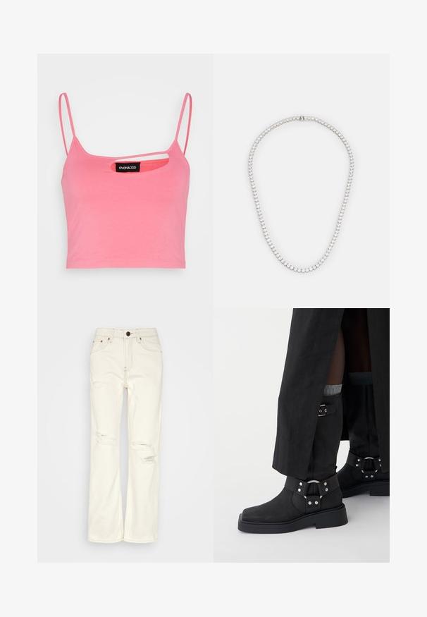 Even&Odd Top - pink; BDG Urban Outfitters STRAIGHT - Jeans Straight Leg - ecru; Sorte ankelstøvler lavet af læder med en mat overflade, firkantet tå og dekorative spænder. Sålen er chunky og struktureret.; Rhodineret halskæde med en kontinuerlig række af klare, runde krystaller, arrangeret tæt sammen for en sart, glitrende effekt.