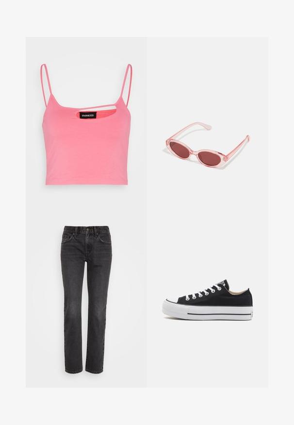 Even&Odd by Zalando Top - pink; Zwarte denim jeans met een recht model, voorzien van een klassiek vijf-pocket ontwerp, een ritssluiting en contrasterende stiksels langs de naden.; Lage zwarte canvas sneaker met witte rubberen zool, witte veters en een zwarte streep langs de zool, zijaanzicht.; Roze transparante zonnebril met ovale lenzen, donkerrode tint en slanke pootjes, met een gladde afwerking en subtiele details op het frame.