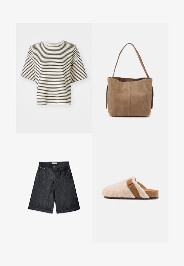 Gestreiftes, kurzes T-Shirt mit kurzen Ärmeln. Farbe: elfenbeinfarbener Grundton mit dünnen schwarzen horizontalen Streifen. Material scheint weich und mit glatter Textur zu sein.; Schwarze Denim-Shorts mit lockerer Passform, ausgestattet mit einem Knopf- und Reißverschluss, fünf Taschen und einem rohen Saum.; Beige Schaffell-Mokassins mit einem braunen Wildlederriemen, Korkfußbett und strukturiertem Gummiaußensohle, entworfen für Komfort und legere Trageweise.; Braune Wildleder-Tote mit weicher Textur, offenem Oberteil und einem einzelnen Schulterriemen. Verfügt über eine glatte Oberfläche und minimale Details.