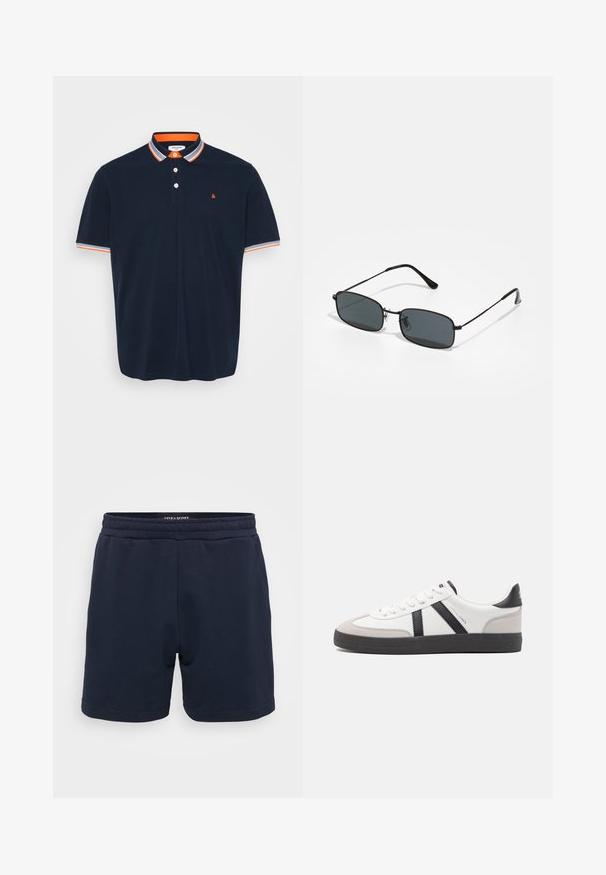 Marineblaues Poloshirt aus Baumwolle mit Kragen, der orange- und graublaue Streifen aufweist, einer Knopfleiste mit drei Knöpfen und einem kleinen bestickten Logo auf der Brust.; Marineblaue Baumwollshorts mit einem elastischen Bund, ausgestattet mit einer glatten Textur und genähten Säumen. Kleines Markenlogo an der Seite.; Weiße Sneaker mit schwarz- und grau-aczenten, ausgestattet mit einer strukturierten grauen Zehenkappe, schwarzer Gummi-Sohle und flachen weißen Schnürsenkeln. Sauberes Design, minimalistische Stil.; Schwarze rechteckige Sonnenbrille mit dünnem Metallrahmen und dunklen Gläsern, die auf einer weißen Oberfläche liegt.