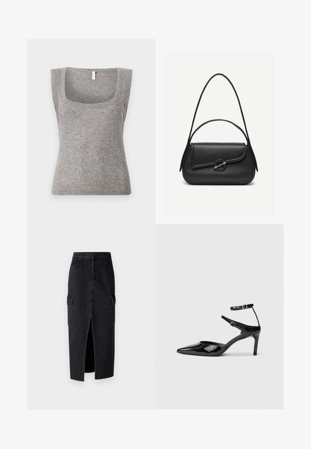 Grå ærmeløs ribstrikket tanktop med firkantet udskæring og tætsiddende pasform, der fremhæver en glat tekstur og let stretch.; Sort denim maxiskørt med en frontslids, to sidelommer og en tætsiddende talje. Stoffet har en glat tekstur og en solid konstruktion.; Sorte laklæderhæle med spids tå, justerbare ankelstropper og en slank hæl. Glat tekstur med en skinnende finish.; Sort læderhåndtaske med afrundede kanter, asymmetrisk klap, metalcirkulært spænde samt både korte og lange skulderstropper.