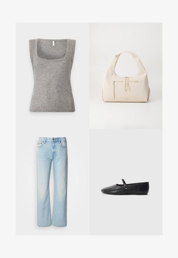 Débardeur gris sans manches en maille côtelée avec un décolleté carré et une silhouette ajustée, présentant une texture lisse et une légère élasticité.; Jeans à jambes larges bleu clair en denim, présentant un design classique à cinq poches et une texture légèrement décolorée. La couture en denim est visible.; Ballerines noires en cuir avec un bout pointu, une semelle plate et une petite sangle avec un détail de boucle en argent.; Sac en cuir beige avec une bandoulière courbée, comprenant une poche zippée à l'avant et des accents dorés discrets. Texture lisse et design minimaliste.