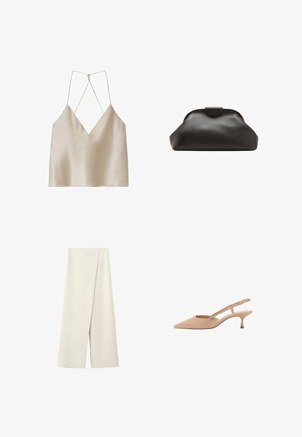 Camisola de satén beige con escote en V profunda y tirantes finos de espagueti cruzados en la espalda.; Pantalones anchos color crema con cintura alta y un detalle de solapa superpuesta en la parte delantera.; Zapatos de tacón bajo tipo slingback en color nude con punta afilada, hechos de un material brillante, que cuentan con una correa delgada con hebilla ajustable.; Bolso de mano de cuero negro suave con un marco redondeado y un pequeño cierre en la parte superior central.