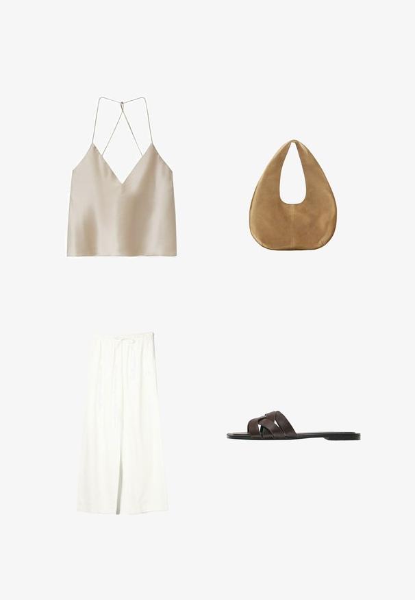 Camisole en satin beige avec un décolleté en V profond et de fines bretelles spaghetti croisées dans le dos.; Pantalon en lin blanc à jambes larges avec taille élastique et cordon de serrage, doté de poches latérales et d'une fente à l'avant.; Sandale plate marron foncé avec trois larges brides en cuir croisées et une semelle fine.; Sac hobo en daim couleur camel avec un corps large et arrondi et une seule anse plate, présenté sur fond blanc uni.