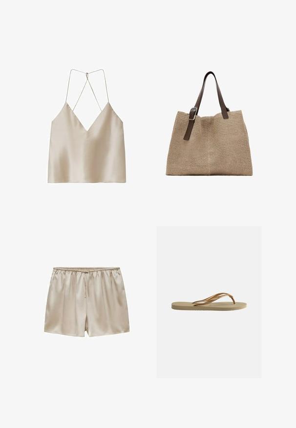 Beige satijnen camisol met een diepe V-hals en dunne, gekruiste spaghettibandjes aan de achterkant.; Beige satijnen shorts met elastische tailleband en trekkoord, gladde textuur, ontspannen pasvorm en korte lengte.; Beige teenslipper met gestructureerde zool en bronzen metalen Y-vormige banden op een witte effen achtergrond.; Beige geweven tote bag met twee donkerbruine verstelbare leren schouderriemen en een zilveren gesp aan één riem.