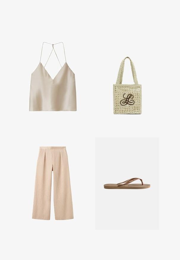 Beige satin camisole med dyb V-hals og tynde, krydsede spaghettistropper bagpå.; Beige bukser med vidde ben med tynde lodrette striber, høj talje og forreste folder, vist mod en hvid baggrund.; Brun gummiflipflop sandal med tekstureret sål og mærket V-formede remme på en ensartet lys baggrund.; Beige hæklet skuldertaske med to håndtag og et dekorativt mørkebrun sammenflettet "LL"-logo på forsiden.