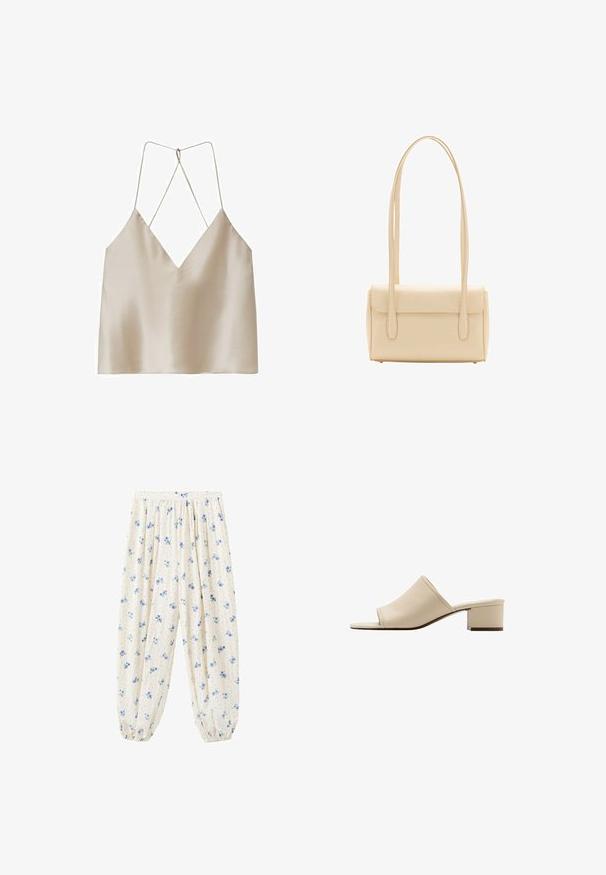 Camisole en satin beige avec un décolleté en V profond et de fines bretelles spaghetti croisées dans le dos.; Pantalon ample couleur crème avec motif floral bleu, froncé à la taille et avec des poignets élastiques aux chevilles.; Sandale mule beige à bout ouvert avec un petit talon bloc et une tige en cuir lisse, vue de profil sur fond blanc.; Sac à épaule rectangulaire beige avec longues bretelles doubles et fermeture à rabat, présenté sur fond blanc.