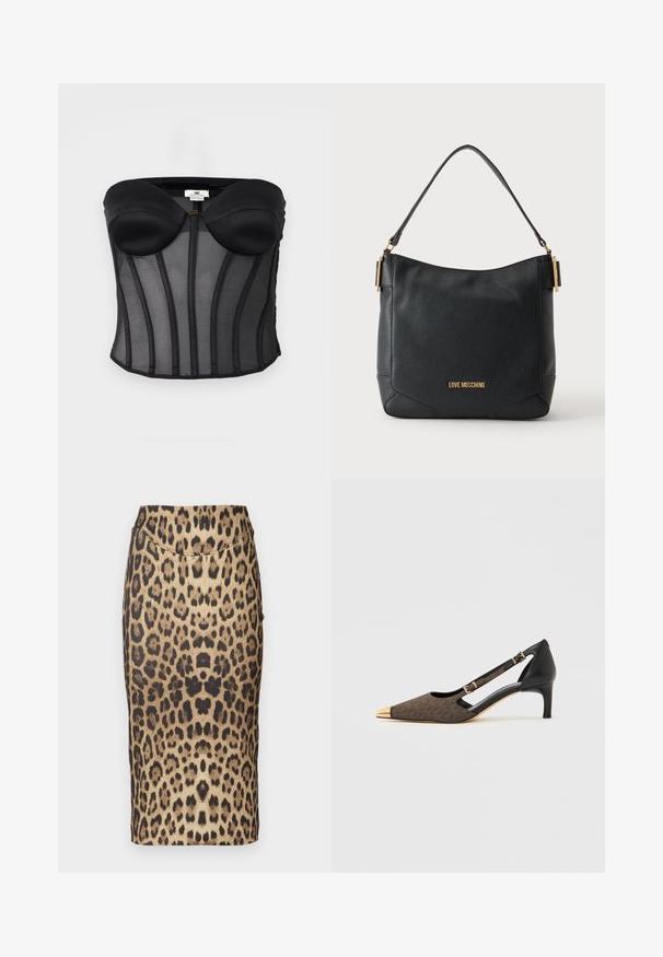 Sort stropløs korsette med polstrede skåle og lodrette bøjler detaljer på gennemsigtigt meshstof.; Leopardprint blyantnederdel med en tætsiddende design, mellemhøj talje og glat tekstur. Mønsteret består af varierede brune og sorte pletter.; Brun mønstret slingback-sko med spids snude, sorte detaljer og en guldfarvet tåhætte. Har en tynd hæl og justerbar ankelrem.; Sort tekstureret læder skuldertaske med guld "LOVE MOSCHINO" logo og guldfarvede beslag på stropfittings.