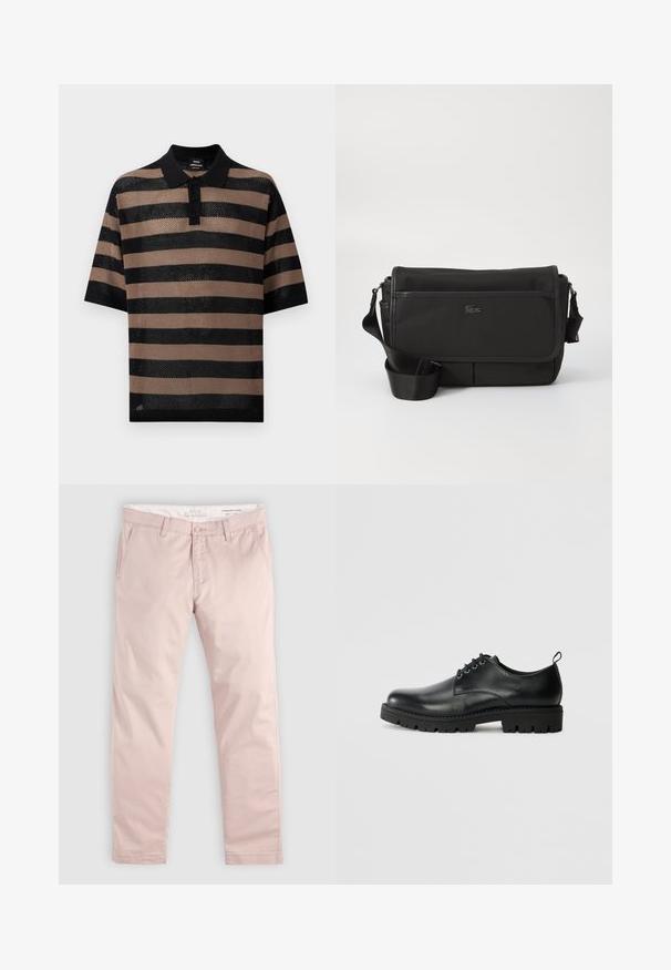 Polo à manches courtes avec rayures horizontales noires et beiges, col noir, trois boutons noirs et texture en maille ouverte.; Pantalon slim rose clair avec passants de ceinture, bouton frontal, fermeture éclair, et poches latérales en biais, posé à plat sur un fond clair.; Chaussure en cuir noir à bout arrondi, présentant un design à lacets, une semelle en caoutchouc noire robuste et un petit onglet de talon à l'arrière.; Sac messager noir en nylon texturé avec rabat avant, bandoulière ajustable et petit logo en accent. Comprend deux compartiments zippés.
