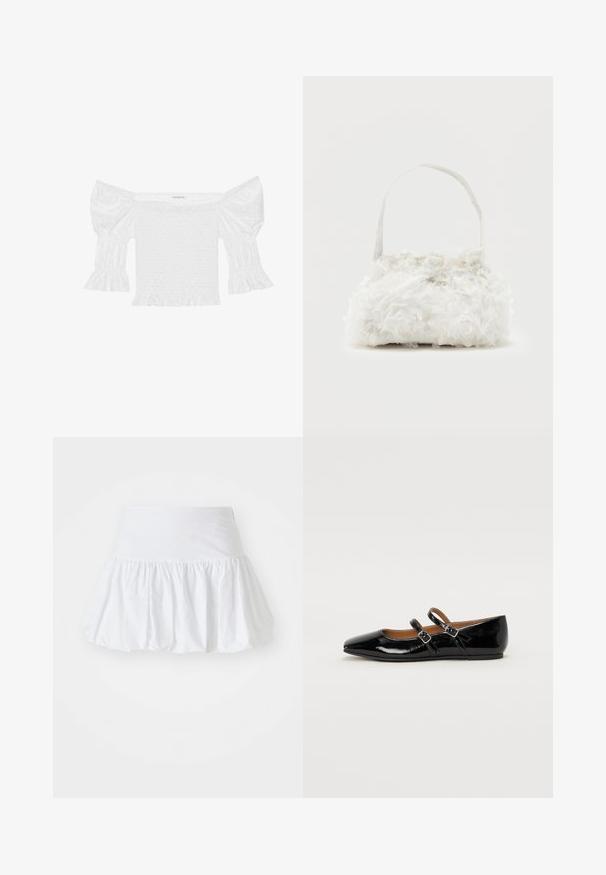 Haut blanc décolleté avec des manches bouffantes, corsage froncé et ourlet à volants évasés. Fabriqué en coton texturé avec des détails en broderie anglaise.; Jupe évasée blanche fabriquée en tissu léger, avec un design froncé et une taille élastique pour le confort. Pas de motifs ni d'accents visibles.; Ballerine plate en cuir verni noir avec un bout pointu, deux brides ajustables avec boucles, et une semelle plate. Texture lisse avec une finition brillante.; Petit sac à main blanc orné de roses en tissu recouvrant le corps et d'une fine anse unique, sur un fond uni.