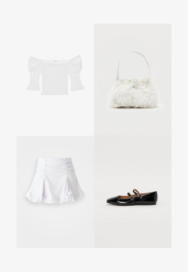 Haut blanc décolleté avec des manches bouffantes, corsage froncé et ourlet à volants évasés. Fabriqué en coton texturé avec des détails en broderie anglaise.; Jupe blanche en tissu texturé avec des détails froncés et un ourlet volanté. Présente un design évasé avec une taille ajustée.; Ballerine plate en cuir verni noir avec un bout pointu, deux brides ajustables avec boucles, et une semelle plate. Texture lisse avec une finition brillante.; Petit sac à main blanc orné de roses en tissu recouvrant le corps et d'une fine anse unique, sur un fond uni.