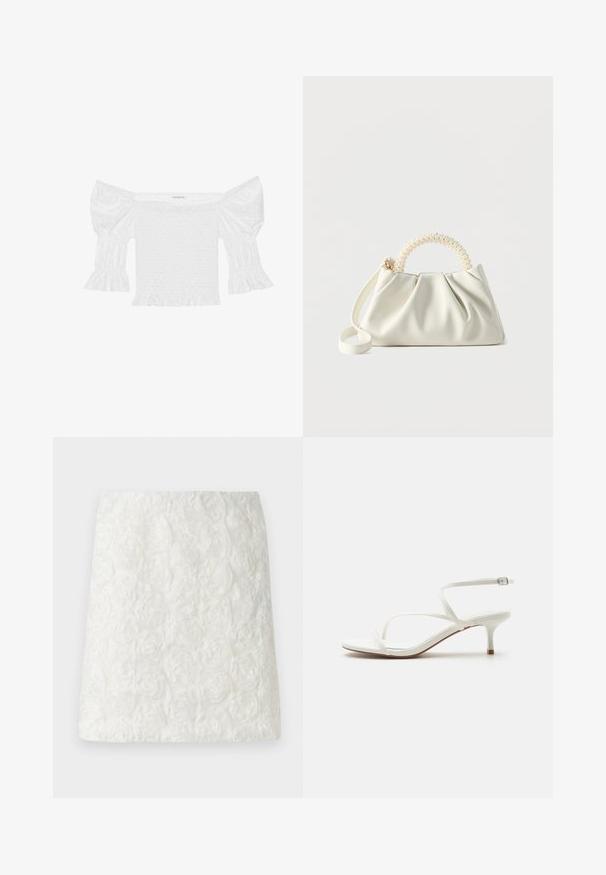 Haut blanc décolleté avec des manches bouffantes, corsage froncé et ourlet à volants évasés. Fabriqué en coton texturé avec des détails en broderie anglaise.; Jupe mini blanche avec une surface texturée ornée de motifs floraux en relief ressemblant à des roses, fabriquée en tissu léger.; Sandale à brides pour femme blanche avec petit talon kitten et boucle à la cheville sur fond blanc uni.; Petit sac à main blanc avec un corps froncé, une poignée ronde ornée de perles et une bandoulière amovible sur un fond uni.
