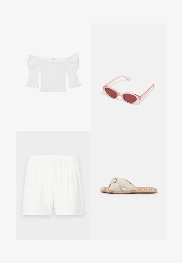 Haut blanc décolleté avec des manches bouffantes, corsage froncé et ourlet à volants évasés. Fabriqué en coton texturé avec des détails en broderie anglaise.; Shorts blancs en coton avec une taille élastique et un cordon de serrage. Présentent un motif texturé avec des rayures verticales et des poches latérales.; Sandale à glissière en tissu beige avec un dessus noué et une semelle en jute tissée. Style plat, ouvert à l'avant, présentant un bord texturé et tressé.; Lunettes de soleil transparentes roses avec des verres ovales, teintés d'un rouge foncé, et des branches fines, présentant une finition lisse et des détails subtils sur la monture.