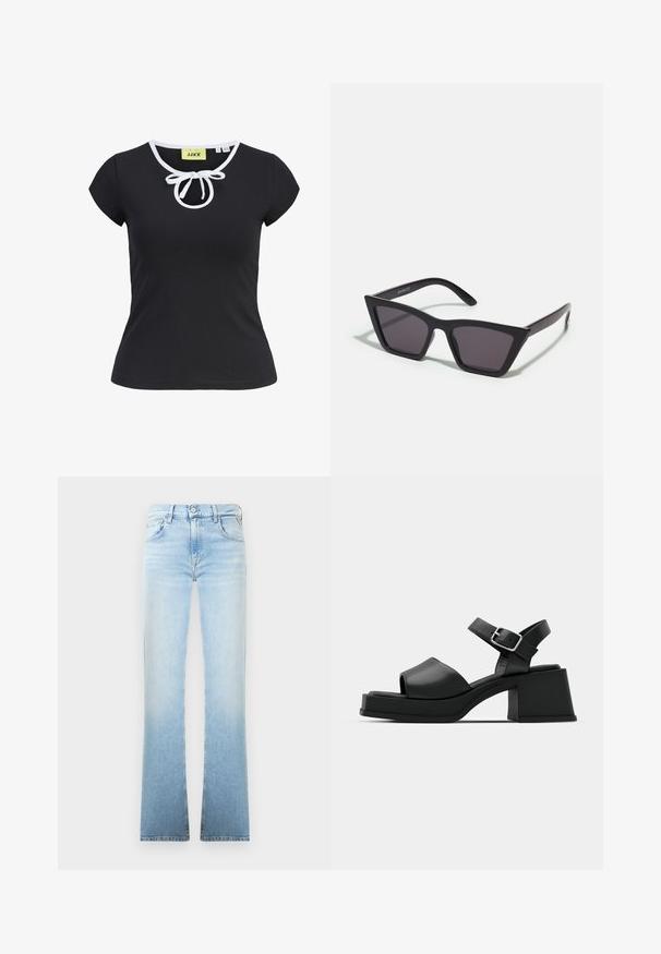 Camiseta negra de manga corta en tela suave con cuello redondo, ribete blanco y un detalle de lazo central en el cuello. Talla pequeña.; Jeans de mezclilla azul claro acampanados con un degradado de color gradual, diseño de cinco bolsillos y cierre de botón en la cintura. Textura suave y líneas limpias.; Sandalias de plataforma de cuero negro con diseño de puntera abierta, correa en el tobillo y un tacón cuadrado grueso. Textura suave y estilo minimalista.; Gafas de sol negras y angulares con lentes grises; fabricadas en plástico, con varillas gruesas de superficie suave y sin herrajes visibles.