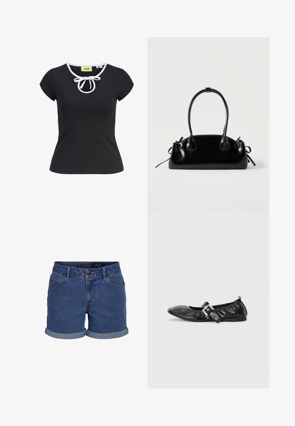 Zwarte korte mouwen T-shirt van zachte stof met een ronde halslijn, witte afwerking en een centrale strikdetail bij de hals. Maat small.; Denim shorts in donkerblauw met een klassieke snit. Beschikt over opgerolde zomen, twee voorzakken en een knoopsluiting. Glad textuur.; Zwarte leren platte schoen met een spitse neus, geplooide details rond de opening en een zilveren gespaccentueerde verstelbare band.; Kleine zwarte glanzende handtas met twee lange hengsels en zijkant trekkoord details op een effen lichte achtergrond.