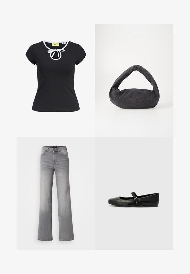 Schwarzes Kurzarm-T-Shirt aus weichem Stoff mit Rundhalsausschnitt, weißen Akzenten und einer zentralen Schleifenapplikation am Hals. Größe S.; Hochtaillierte graue Denim-Jeans mit geradem Bein, Frontknopf und Reißverschluss, Vorder- und Gesäßtaschen sowie ausgewaschenen Schattierungen an Oberschenkeln und Waden.; Schwarze Leder-Ballerinas mit einer runden Spitze, einer flachen Sohle und einem dünnen, verstellbaren Riemen über dem Spann mit einer Metallschnalle.; Dunkelgraue Stofftasche mit einem gebogenen Griff, weicher Textur und runder Form. Keine sichtbaren Beschläge oder Verzierungen.