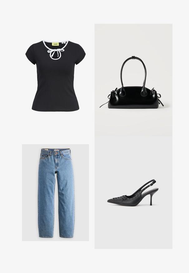 Sort kortærmet T-shirt i blødt stof med rund halsudskæring, hvid kant og en central sløjfedetalje ved halsen. Størrelse small.; Lysblå denim jeans med lige ben-design, fem lommer, lynlås og en subtil falmet tekstur. Klassisk stil med minimal hardware.; Sorte læder slingback stiletto med spids tå, side spændebånd, nitter langs kanten og dekorativ snøring foran.; Lille sort blank håndtaske med to lange håndtag og snøre-detaljer i siden på en ensfarvet lys baggrund.