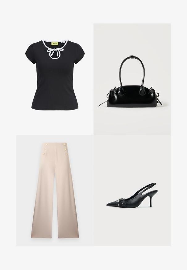 T-shirt noir à manches courtes en tissu doux avec un col rond, des bordures blanches et un nœud central au niveau du cou. Taille petite.; Pantalon beige à jambes larges, taille haute avec deux rangées verticales de trois boutons décoratifs dorés à l'avant.; Escarpin slingback à talon haut en cuir noir avec bout pointu, boucle et détail de bride œillet à l'avant.; Petit sac à main noir brillant avec deux longues anses et des détails à cordon sur les côtés sur un fond clair uni.