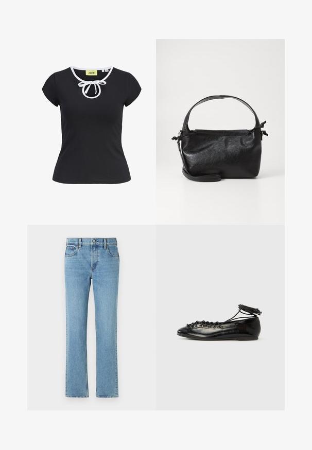 Sort kortærmet T-shirt i blødt stof med rund halsudskæring, hvid kant og en central sløjfedetalje ved halsen. Størrelse small.; Lysblå denimjeans med lige pasform, fem lommer, knap- og lynlåslukning samt subtil fading. Klassisk, enkelt design.; Sorte balletflade sko i laklæder med rundet tå, snørelukning og flad sål. Glat tekstur med få detaljer.; Sort læderhåndtaske med et struktureret design, rund tophåndtag og aftagelig skulderrem. Den har en glat tekstur og en subtil glans.