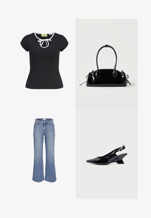 Camiseta negra de manga corta en tela suave con cuello redondo, ribete blanco y un detalle de lazo central en el cuello. Talla pequeña.; Vaqueros de denim azul claro de cintura alta con piernas acampanadas y cierre de botones en la parte delantera.; Zapato slingback de cuero charol negro con puntera puntiaguda y tacón bajo en bloque inclinado sobre fondo claro liso.; Pequeño bolso negro brillante con dos asas largas y detalles de cordón lateral sobre un fondo claro liso.