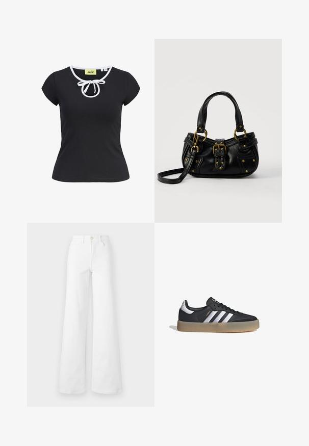 Camiseta negra de manga corta en tela suave con cuello redondo, ribete blanco y un detalle de lazo central en el cuello. Talla pequeña.; Jeans ancho blancos en tela de mezclilla con una cintura alta, que cuentan con bolsillos frontales, trabillas para cinturón y un cierre de botón. Textura suave, sin patrones.; Zapatilla deportiva de cuero negro con tres rayas plateadas, punta texturizada y suela de goma. Cuenta con un collar acolchado y un diseño con cordones.; Bolso de cuero negro con hebilla y detalles de remaches dorados, asas cortas y una correa de hombro ajustable sobre un fondo blanco liso.