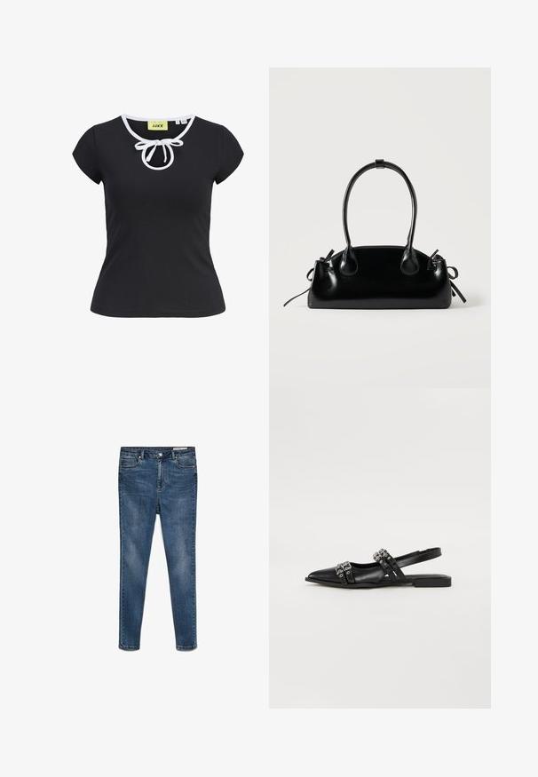 Schwarzes Kurzarm-T-Shirt aus weichem Stoff mit Rundhalsausschnitt, weißen Akzenten und einer zentralen Schleifenapplikation am Hals. Größe S.; Dunkelblaue Denim-Skinny-Jeans mit mittlerer Taille, fünf Taschen und dezenten Abnutzungen. Verfügt über einen Knopf- und Reißverschluss.; Even&Odd by Zalando Sling-Ballerina - black; Kleine schwarze glänzende Handtasche mit zwei langen Griffen und seitlichen Kordelzug-Details vor einfachem hellem Hintergrund.