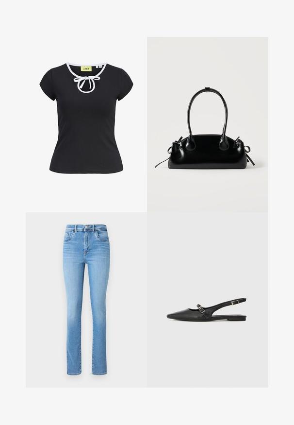 Schwarzes Kurzarm-T-Shirt aus weichem Stoff mit Rundhalsausschnitt, weißen Akzenten und einer zentralen Schleifenapplikation am Hals. Größe S.; Helle blaue Denim-Jeans mit geradem Bein, hohem Bund, traditioneller fünf Taschen-Optik und dezenten Ausbleichungen.; Schwarze Slingback-Schuhe aus Leder mit spitzer Zehenpartie, schmalem Riemen und silberner Schnallenverzierung an der Seite. Flache Sohle.; Kleine schwarze glänzende Handtasche mit zwei langen Griffen und seitlichen Kordelzug-Details vor einfachem hellem Hintergrund.