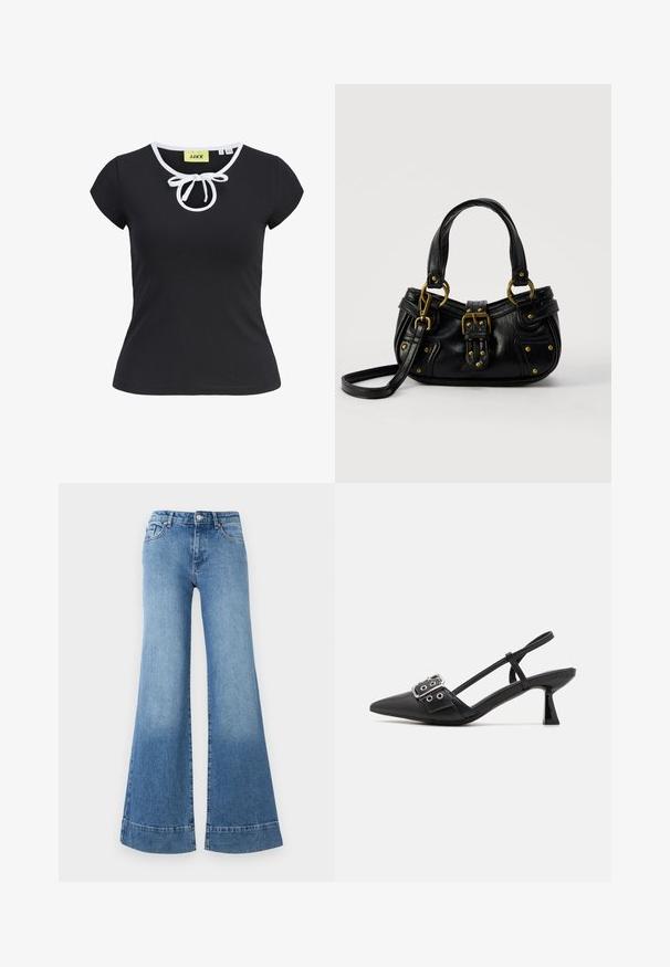 Zwarte korte mouwen T-shirt van zachte stof met een ronde halslijn, witte afwerking en een centrale strikdetail bij de hals. Maat small.; Lichtblauwe denim flared jeans met een hoge taille, wijd uitlopende benen en een lichte vervaging. Heeft een klassiek vijf-pocket ontwerp en een metalen knoopsluiting.; Simmi London DALA - Klassieke pumps - black; Zwarte leren handtas met gouden gesp en klinknagel details, korte handvatten en een verstelbare schouderriem op een effen witte achtergrond.