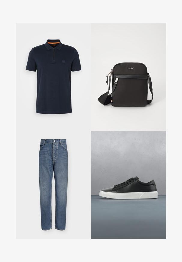 Marine polo shirt met een ritskraag, voorzien van een kleine logo patch op de borst en korte mouwen. Gemaakt van een katoenmix met een soepele textuur.; Blauwe denim jeans met rechte pijpen, hoge taille, knoopsluiting aan de voorkant en vijfzakkenontwerp op een effen lichte achtergrond.; Zwarte leren sneaker met ronde neus, textuur op het oppervlak, witte rubberen zool en zwarte veters. Minimalistisch ontwerp met een slanke uitstraling.; Zwarte schoudertas van textuurstof, met logo aan de voorkant, ritssluiting en verstelbare schouderband. Voorzien van een gladde leren rand.