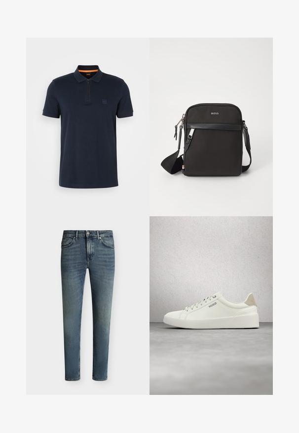Marine polo shirt met een ritskraag, voorzien van een kleine logo patch op de borst en korte mouwen. Gemaakt van een katoenmix met een soepele textuur.; Blauwe uitgebleekte slim-fit jeans met vijf zakken en een knoop- en ritssluiting op een effen achtergrond.; Witte lage sneaker met veters en beige hielstuk, met het merk "HUGO", zwevend boven een gepolijste betonnen vloer in de buurt van een wand van glasblokken.; Zwarte schoudertas van textuurstof, met logo aan de voorkant, ritssluiting en verstelbare schouderband. Voorzien van een gladde leren rand.