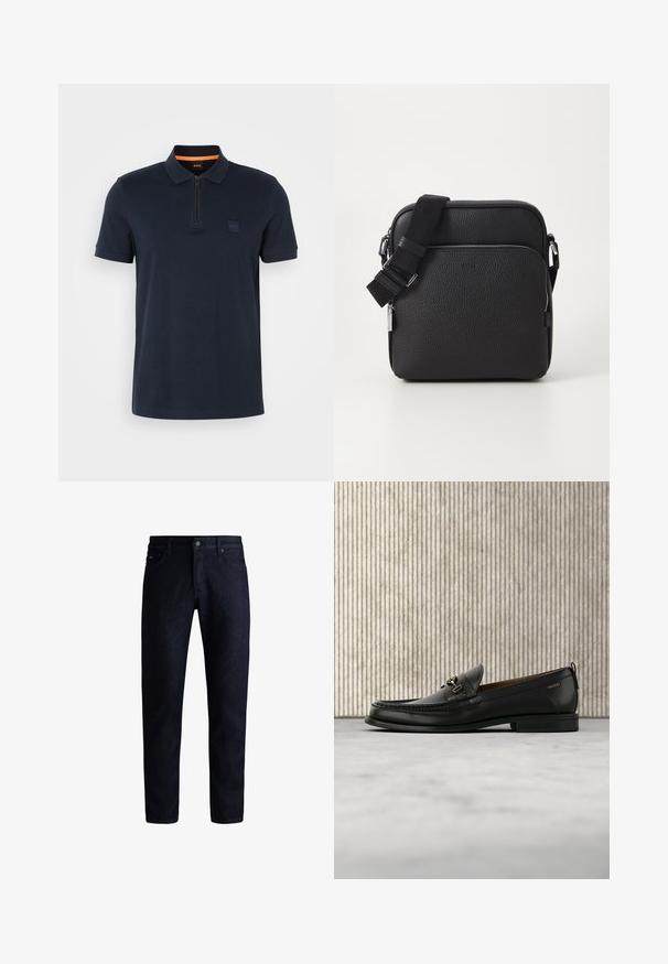 Marineblå polo shirt med lynlås-colar, indeholdende et lille logo-patch på brystet og korte ærmer. Materialet er en bomuldsblanding med en glat tekstur.; Mørkeblå denim jeans med et klassisk fem-lomme design, lige ben og en elegant tekstur. Metal knaplukning ved taljen.; Sort læderloafers med guldfarvet metaldekoration og "HUGO" branding, vist mod en beige tæppe og brunt gennemsigtigt møbel.; Sorth læder crossover taske med en tekstureret overflade, der har en frontlomme med lynlås, justerbar strop og metal hardware detaljer.