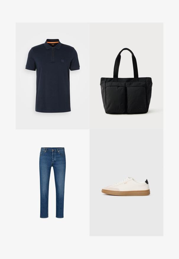 Marine polo shirt met een ritskraag, voorzien van een kleine logo patch op de borst en korte mouwen. Gemaakt van een katoenmix met een soepele textuur.; Blauwe denim jeans met een rechte pasvorm, voorzien van vijf zakken, riemlussen en een knoopsluiting. Lichte wassing en contrasterende stiksels.; Witte sneakers met beige accenten, bovenwerk van glad leer, ronde neus en rubberen gumzool, met een zwarte hieltab en subtiele branding.; Zwarte tote bag met een zachte stoffen constructie, twee voorvakken en stevige handvatten. Logo aan de zijkant weergegeven. Eenvoudig, functioneel ontwerp.