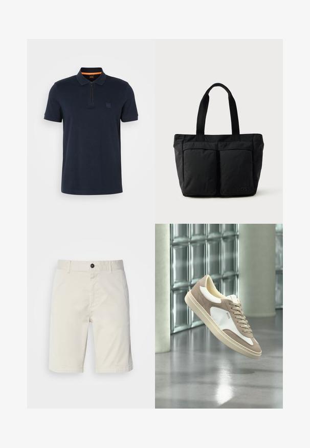 Marineblå polo shirt med lynlås-colar, indeholdende et lille logo-patch på brystet og korte ærmer. Materialet er en bomuldsblanding med en glat tekstur.; Lyse beige shorts lavet af bomuld, med knaplukning, forlommer og stikling. Glat tekstur med et afslappet design.; Beige og hvid ruskindssneaker med snørebånd og "BOSS"-logo, der svæver over en poleret beton gulv med glasblokvægge i baggrunden.; Sort tote bag med blødt stof, to forlommer og robuste håndtag. Logo vist på siden. Enkel, funktionel design.
