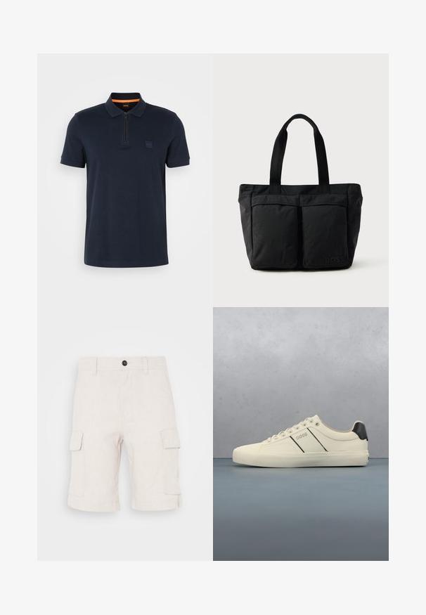 Marine polo shirt met een ritskraag, voorzien van een kleine logo patch op de borst en korte mouwen. Gemaakt van een katoenmix met een soepele textuur.; Beige cargoshorts van lichtgewicht stof, met twee zijzakken en een omgeslagen zoom. Knopsluiting aan de taille.; Crème-kleurige sneakers met een gladde textuur, voorzien van zwarte accenten en branding. Tijdloos vetersysteem met een ronde neus en rubberen zool.; Zwarte tote bag met een zachte stoffen constructie, twee voorvakken en stevige handvatten. Logo aan de zijkant weergegeven. Eenvoudig, functioneel ontwerp.