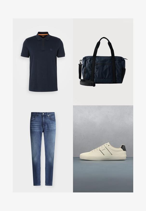 Marine polo shirt met een ritskraag, voorzien van een kleine logo patch op de borst en korte mouwen. Gemaakt van een katoenmix met een soepele textuur.; Heren slim fit blauwe denim jeans met klassieke vijfzakkenstijl en lichte vervaging op dijen en knieën, knoop- en ritssluiting.; Crème-kleurige sneakers met een gladde textuur, voorzien van zwarte accenten en branding. Tijdloos vetersysteem met een ronde neus en rubberen zool.; Navyblauwe stoffen duffeltas met zwarte handgrepen, voorzak met ritssluiting, verstelbare schouderriem en het "BOSS"-logo gecentreerd boven de zak.