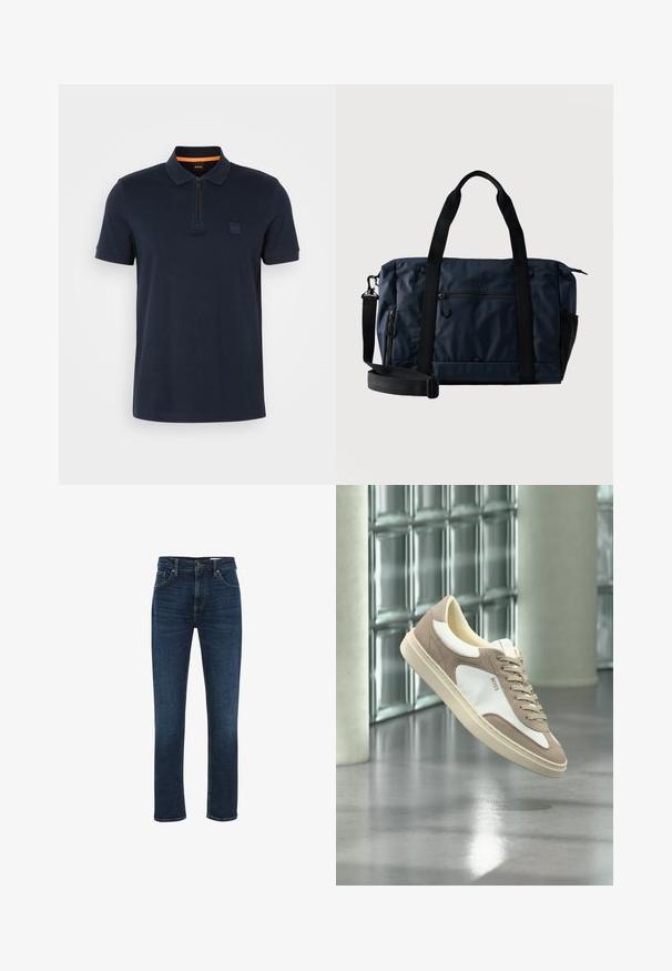 Marineblå polo shirt med lynlås-colar, indeholdende et lille logo-patch på brystet og korte ærmer. Materialet er en bomuldsblanding med en glat tekstur.; WE Fashion BLUE RIDGE - Jeans Straight Leg - dark blue; Beige og hvid ruskindssneaker med snørebånd og "BOSS"-logo, der svæver over en poleret beton gulv med glasblokvægge i baggrunden.; Duffelbag i mørkeblå stof med sorte håndtag, forreste lynlåslomme, justerbar skulderrem og "BOSS"-logo centreret over lommen.