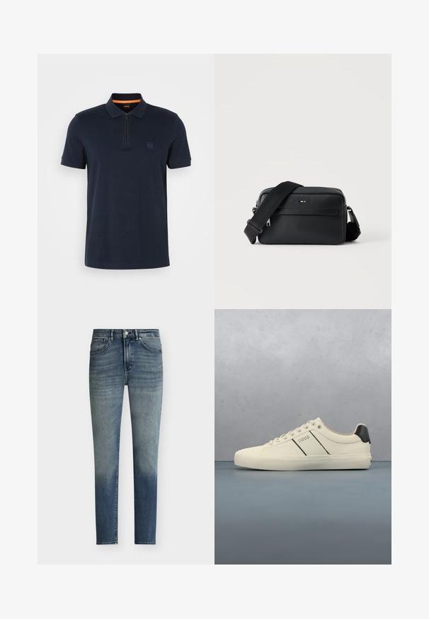 Marineblå polo shirt med lynlås-colar, indeholdende et lille logo-patch på brystet og korte ærmer. Materialet er en bomuldsblanding med en glat tekstur.; Herre slim-fit blå jeans med diskret falmet detalje, knaplukning og design med fem lommer.; Cremefarvede sneakers med en glat tekstur, der har sorte accenter og branding. Klassisk snørebåndsdesign med rund tå og gummisål.; Sort tekstureret læder crossbody taske med front lynlåslomme og justerbar bred stofskulderrem på hvid baggrund.