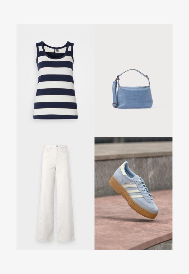 Marineblauwe en witte gestreepte mouwloze tanktop met een ronde halslijn, gemaakt van een zachte katoenmix, met horizontale strepen en een aansluitende pasvorm.; ONLY Tall ONLHOPE GLOBAL HIGH WAIST WIDE - Broek - pumice stone; Lichtblauwe suède sneaker met witte strepen en gouden merklogo, voorzien van een gumrubberen zool en een gevoerde kraag voor comfort.; Lichtblauwe handtas met krokodillenprint, voorzien van een korte handgreep en een afneembare schouderriem. Gladde textuur met een ritssluiting.
