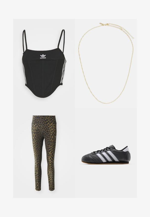 Schwarzes, geripptes Crop Top mit verstellbaren dünnen Trägern, das drei weiße Streifen an den Seiten und ein kleines weißes Adidas-Logo in der Mitte aufweist.; Leggings mit Leopardenmuster, ausgestattet mit einem hohen Bund, dehnbarem Stoff und schwarzen Akzenten auf einem hellbraunen Grund, konzipiert für Komfort und guten Sitz.; Schwarzer Sportschuh aus Leder mit weißen Streifen, runder Spitze, flacher Sohle und Schnürverschluss. Besitzt Perforationen für Atmungsaktivität.; Goldfarbene Halskette mit einem gedrehten Kettenmuster, ausgestattet mit einem kleinen Verschluss und einer verstellbaren Länge mit einem Anhänger.