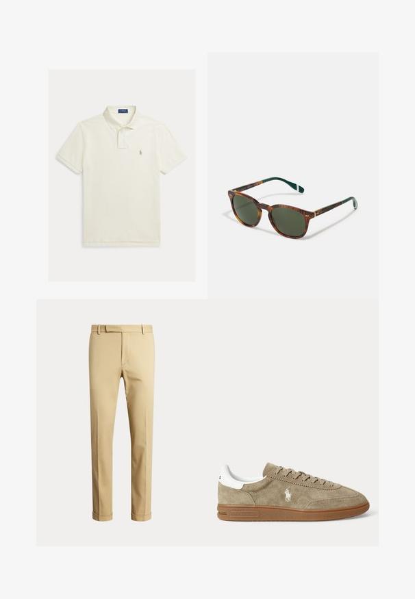 Kortærmet off-white polo med krave, to-knapsåbning og lille broderet logo på venstre bryst.; Beige bukser med lige ben, bæltestropper, frontlynlås og opbukket kant, vist mod en ensartet lys baggrund.; Beige lavskoet ruskindesneaker med brun sål, hvid hældetalje, snørebånd og en hvid broderet polospillerlogo på siden.; Skildpaddemønstret solbriller med grønne linser, rund form, guld detaljer og mørkegrønne stænger med en hvid stribe.
