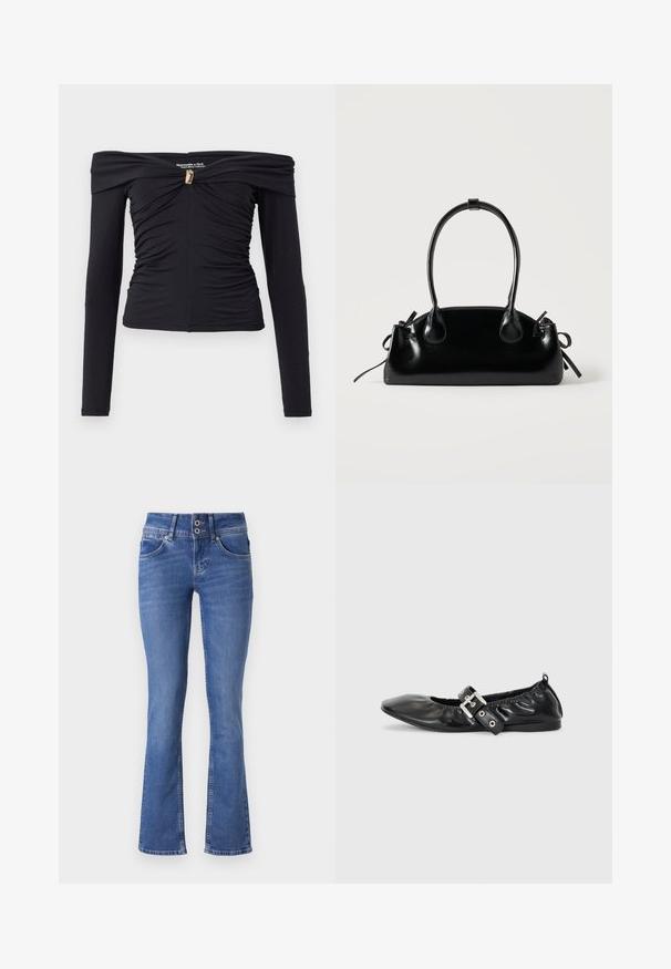 Haut noir à manches longues dégageant les épaules avec une texture froncée, présentant un détail central torsadé et une accent en ton doré. Tissu doux et extensible.; Jeans en denim bleu avec une coupe évasée, dotés d'une fermeture à deux boutons, de cinq poches et d'un léger effet délavé à l'avant.; Chaussure plate en cuir noir avec un nez pointu, des détails froncés autour de l'ouverture et un accent en boucle argentée sur la bride ajustable.; Petit sac à main noir brillant avec deux longues anses et des détails à cordon sur les côtés sur un fond clair uni.