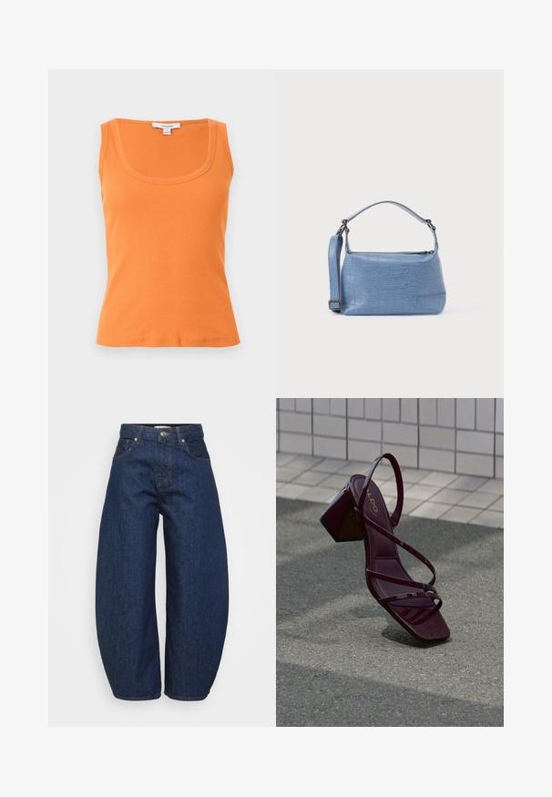 Orange ærmeløs ribbet tanktop med rund halsudskæring, tætsiddende pasform og Topshop-mærkeetiket på lysegrå baggrund.; Mørkeblå denimjeans med en bred, afslappet pasform. Har lynlås, fire lommer og kontrastsyet syning langs sømmene.; Burgunderrød højhælet sandal med blankt lakfinish, der har flere tynde remme og et firkantet tådesign. Klodset firkantet hæl.; Lyseblå taske med krokodillepræg, kort håndtag og aftagelig skulderrem. Glat tekstur med lynlås.