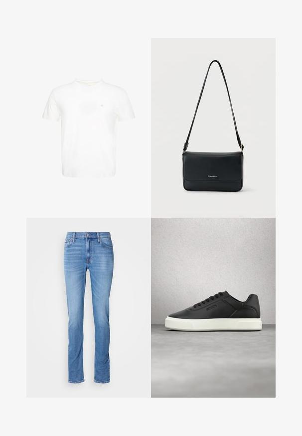 Witte T-shirt met korte mouwen en ronde hals met klein geborduurd "ck"-logo op de linkerborst.; Blauwe denim jeans voor mannen met een rechte pasvorm, voor- en achterzakken en een klein Calvin Klein-label bij de voorste rechterzak.; Zwarte leren sneakers met een witte rubberen zool, afgeronde neus en platte veters. Gestructureerde accenten aan de zijkanten, minimalistisch design.; Zwarte leren crossbodytas met een gladde textuur, rechthoekige vorm en flapsluiting. Voorzien van een merklogo en verstelbare riem.