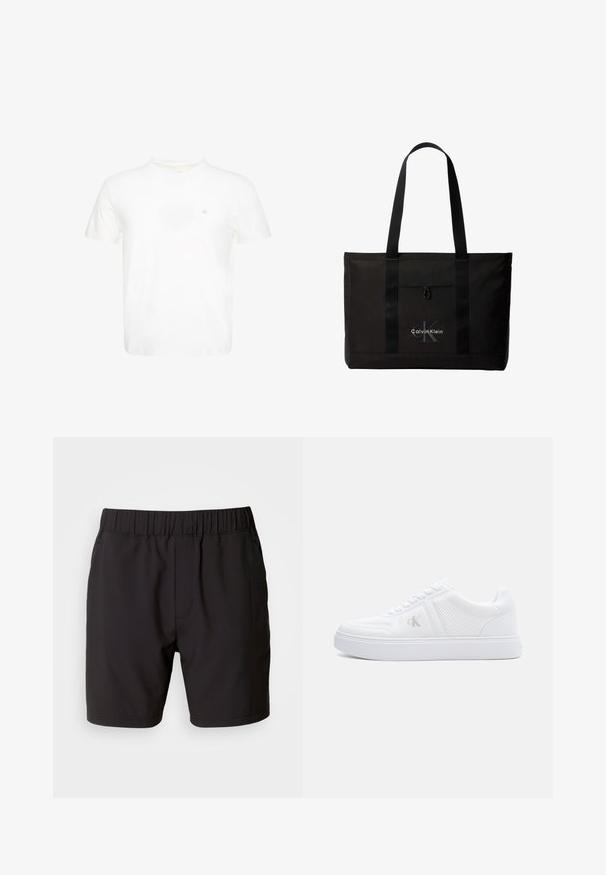 Weißes T-Shirt mit kurzen Ärmeln und Rundhalsausschnitt mit kleinem gesticktem "ck" Logo auf der linken Brust.; Schwarze Shorts aus elastischem Stoff mit einem elastischen Bund, Seitentaschen und einem schlichten, klaren Design. Keine Muster oder Verzierungen.; Weißer Sneaker mit niedrigem Schaft aus strukturiertem Stoff, Schnürverschluss, flacher Sohle und dezentem "cK"-Logo an der Seitenwand.; Schwarze Calvin Klein Tote-Tasche mit zwei langen Griffen und Fronttasche, mit dem Markenlogo in Weiß und Grau.