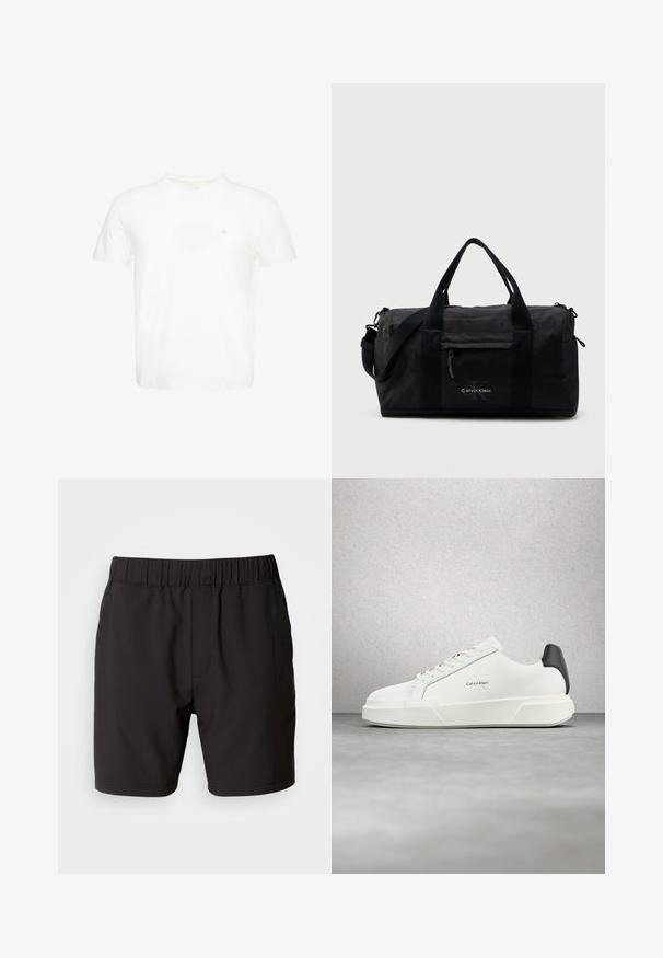 Witte T-shirt met korte mouwen en ronde hals met klein geborduurd "ck"-logo op de linkerborst.; Zwarte shorts van rekbare stof, met een elastische tailleband, zijzakken en een eenvoudig, strak ontwerp. Geen patronen of accenten.; Witte sneakers met een bovenwerk van glad leer, platte veters en een verhoogde witte zool. Heeft een zwart accent bij de hiel en een geprofileerd logo.; Zwarte duffeltas gemaakt van duurzaam materiaal, voorzien van handvatten bovenop, een afneembare schouderriem, een voorvak met rits en een logo-accent.